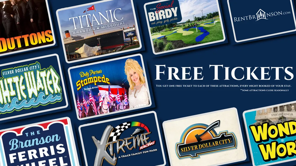 A vibrant interior display promoting free attraction tickets, filled with colorful graphics and recognizable attraction logos. It conveys excitement and the promise of adventure outside the resort.